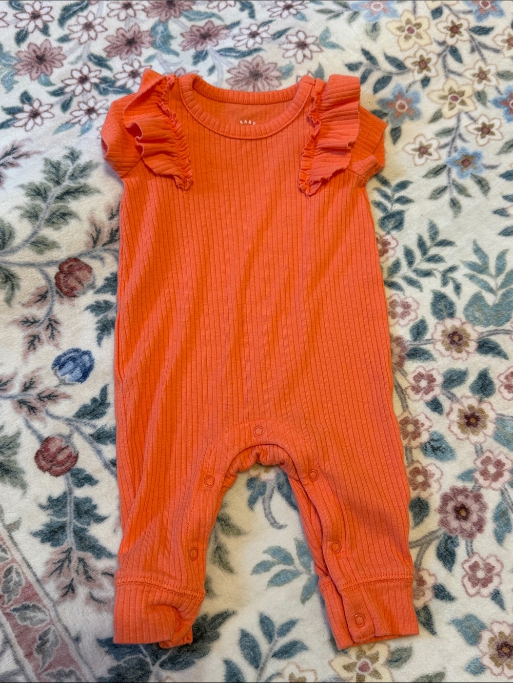 Cat and JackSoft Ribbed Flutter Shoulder One-Piece Romper in Coral Orange